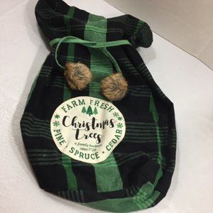 Farm Fresh Christmas Trees Green Black Plaid Tote Bag Sack w/Furry Pom Pom Ties